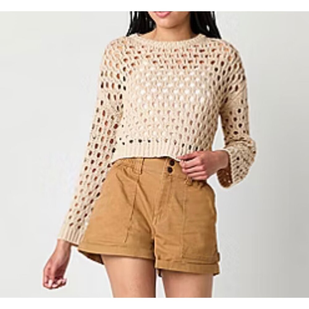 Arizona Rib Knit Open Stitch Pullover Sweater Crew Neck Long Sleeve Polyester Be